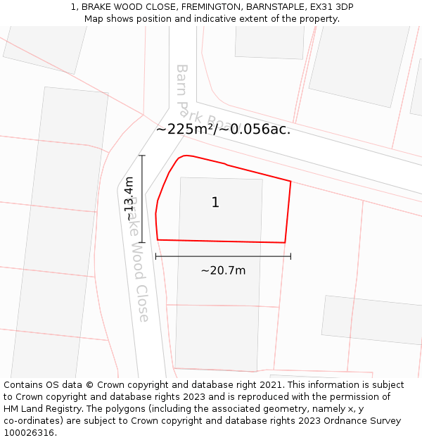 1, BRAKE WOOD CLOSE, FREMINGTON, BARNSTAPLE, EX31 3DP: Plot and title map