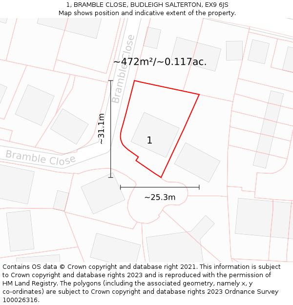 1, BRAMBLE CLOSE, BUDLEIGH SALTERTON, EX9 6JS: Plot and title map