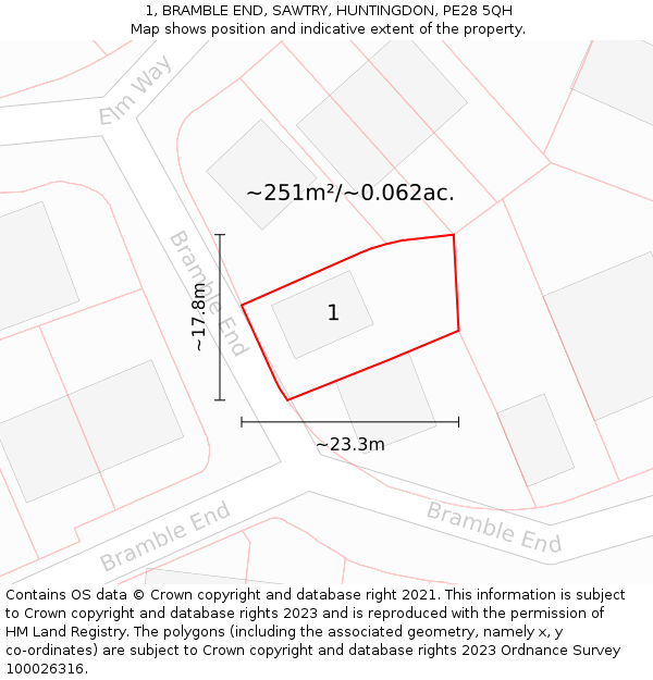 1, BRAMBLE END, SAWTRY, HUNTINGDON, PE28 5QH: Plot and title map