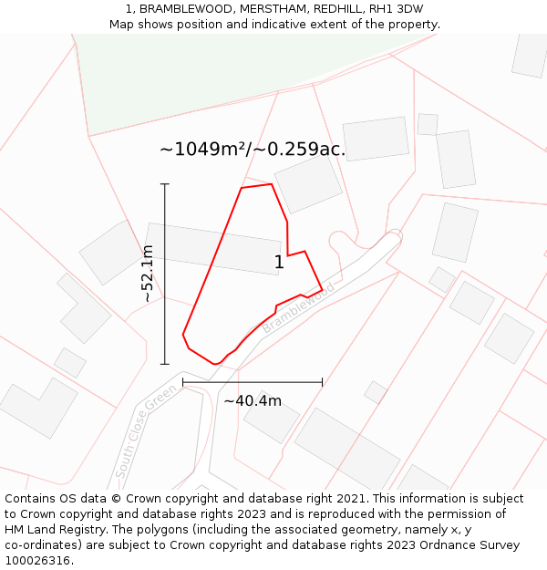 1, BRAMBLEWOOD, MERSTHAM, REDHILL, RH1 3DW: Plot and title map