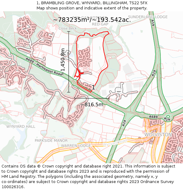 1, BRAMBLING GROVE, WYNYARD, BILLINGHAM, TS22 5FX: Plot and title map