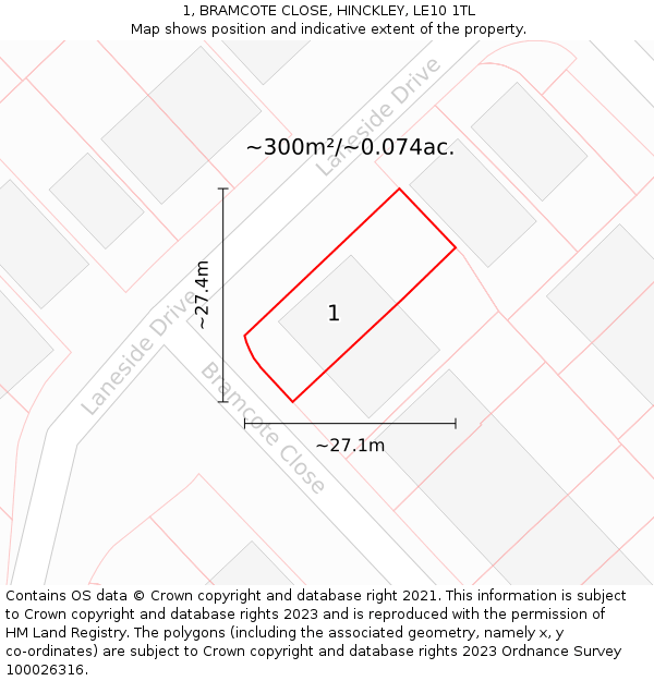 1, BRAMCOTE CLOSE, HINCKLEY, LE10 1TL: Plot and title map