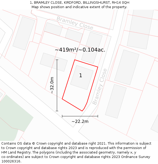 1, BRAMLEY CLOSE, KIRDFORD, BILLINGSHURST, RH14 0QH: Plot and title map