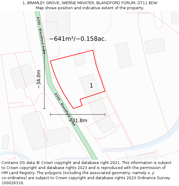 1, BRAMLEY GROVE, IWERNE MINSTER, BLANDFORD FORUM, DT11 8DW: Plot and title map