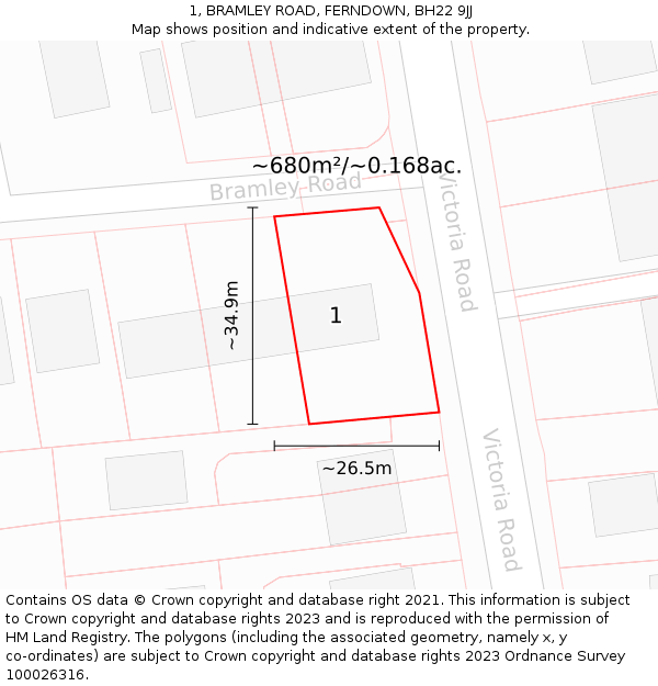 1, BRAMLEY ROAD, FERNDOWN, BH22 9JJ: Plot and title map