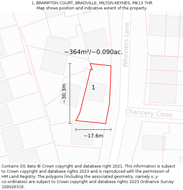 1, BRAMPTON COURT, BRADVILLE, MILTON KEYNES, MK13 7HR: Plot and title map