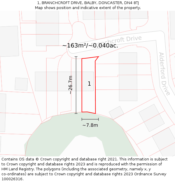 1, BRANCHCROFT DRIVE, BALBY, DONCASTER, DN4 8TJ: Plot and title map