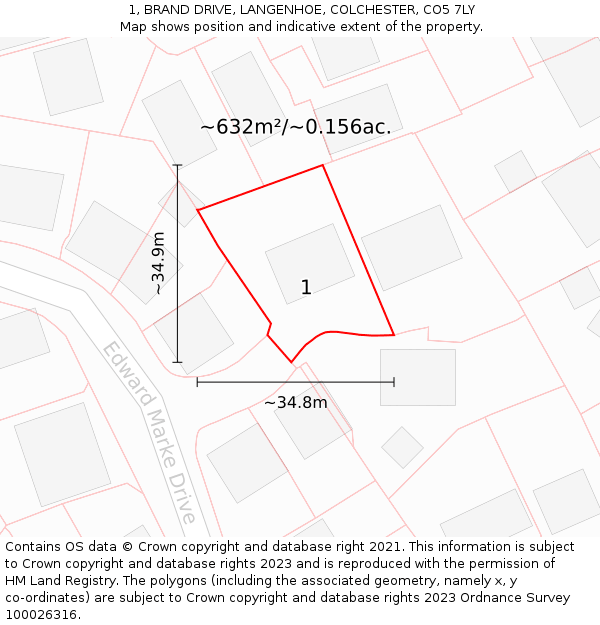 1, BRAND DRIVE, LANGENHOE, COLCHESTER, CO5 7LY: Plot and title map