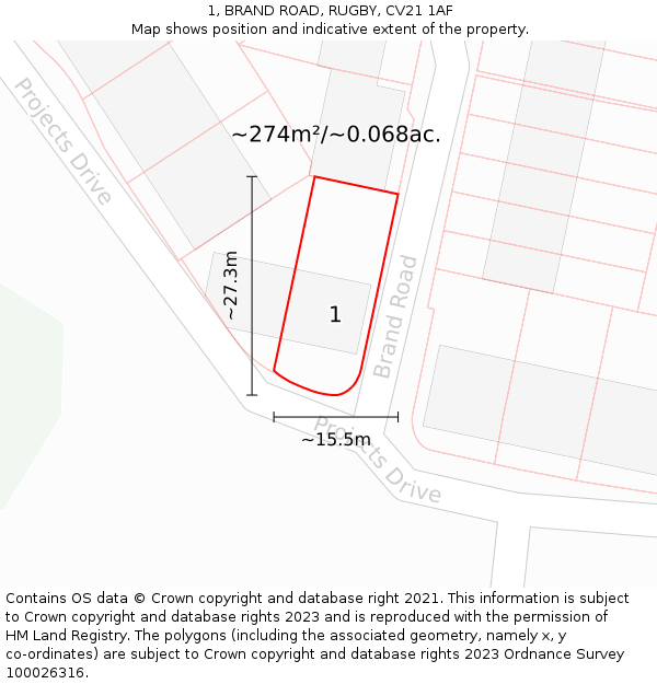 1, BRAND ROAD, RUGBY, CV21 1AF: Plot and title map