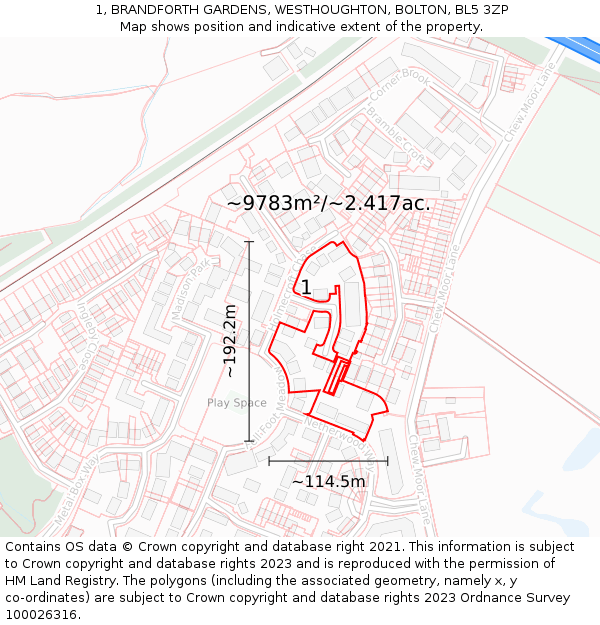 1, BRANDFORTH GARDENS, WESTHOUGHTON, BOLTON, BL5 3ZP: Plot and title map