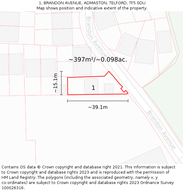 1, BRANDON AVENUE, ADMASTON, TELFORD, TF5 0DU: Plot and title map