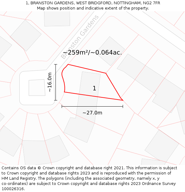 1, BRANSTON GARDENS, WEST BRIDGFORD, NOTTINGHAM, NG2 7FR: Plot and title map