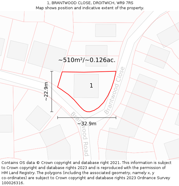 1, BRANTWOOD CLOSE, DROITWICH, WR9 7RS: Plot and title map