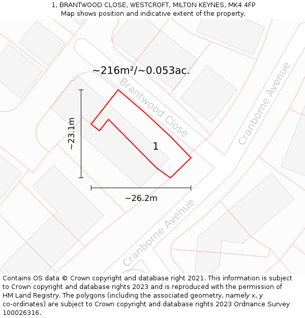 1, BRANTWOOD CLOSE, WESTCROFT, MILTON KEYNES, MK4 4FP: Plot and title map