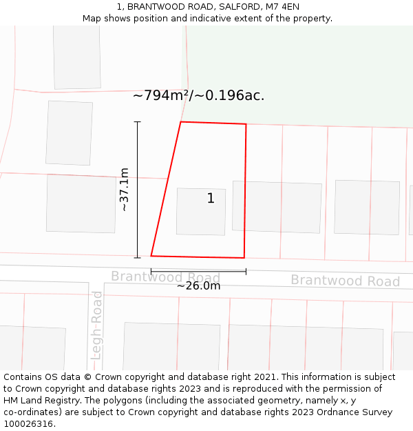 1, BRANTWOOD ROAD, SALFORD, M7 4EN: Plot and title map