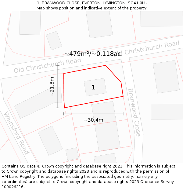 1, BRANWOOD CLOSE, EVERTON, LYMINGTON, SO41 0LU: Plot and title map