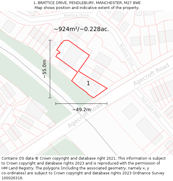 1, BRATTICE DRIVE, PENDLEBURY, MANCHESTER, M27 8WE: Plot and title map