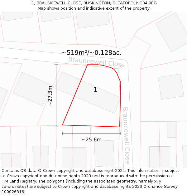 1, BRAUNCEWELL CLOSE, RUSKINGTON, SLEAFORD, NG34 9EG: Plot and title map