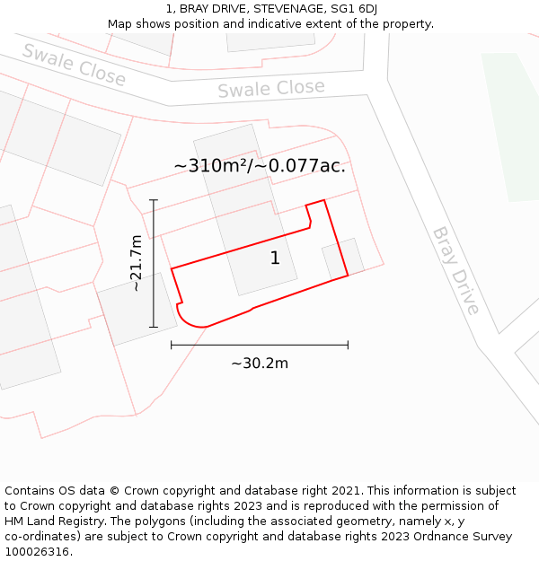 1, BRAY DRIVE, STEVENAGE, SG1 6DJ: Plot and title map