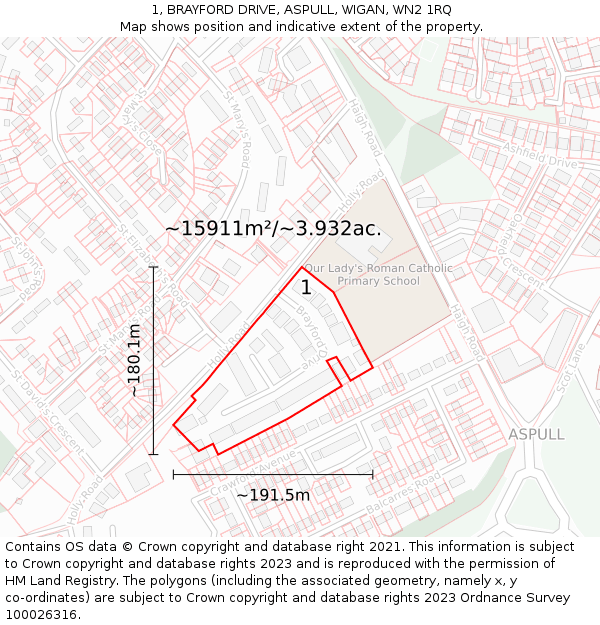 1, BRAYFORD DRIVE, ASPULL, WIGAN, WN2 1RQ: Plot and title map