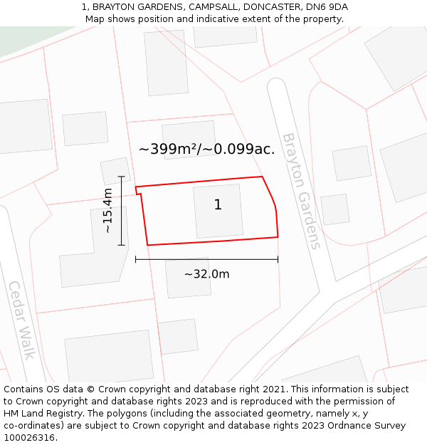 1, BRAYTON GARDENS, CAMPSALL, DONCASTER, DN6 9DA: Plot and title map