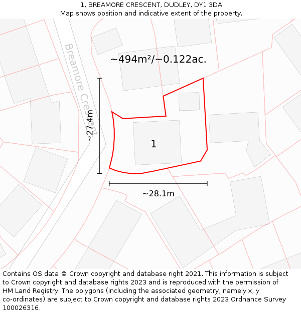 1, BREAMORE CRESCENT, DUDLEY, DY1 3DA: Plot and title map