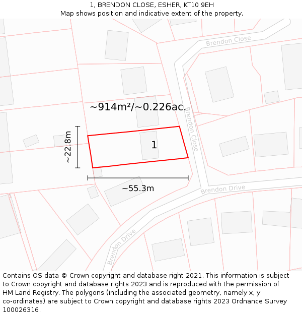 1, BRENDON CLOSE, ESHER, KT10 9EH: Plot and title map