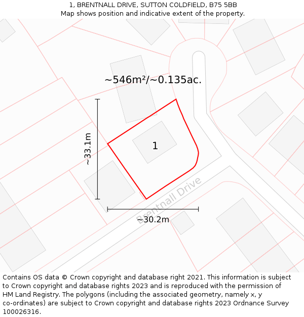 1, BRENTNALL DRIVE, SUTTON COLDFIELD, B75 5BB: Plot and title map