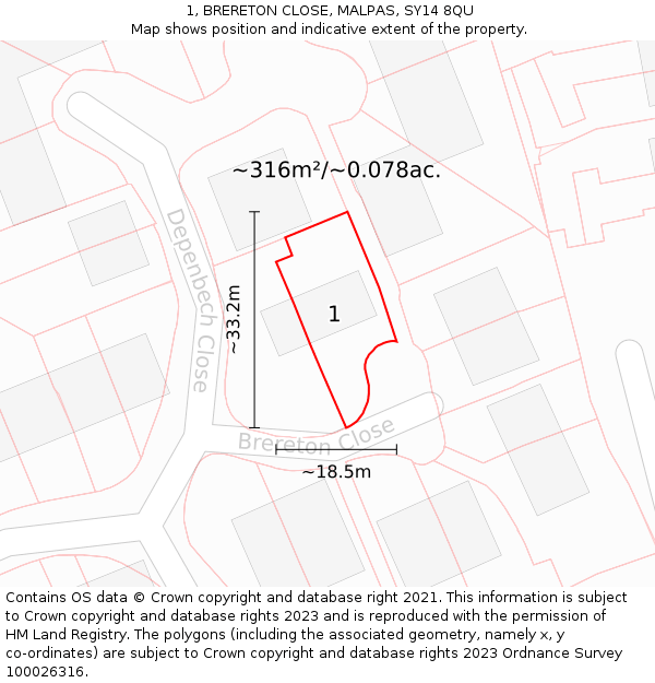 1, BRERETON CLOSE, MALPAS, SY14 8QU: Plot and title map