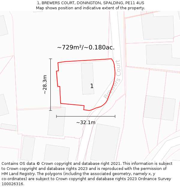 1, BREWERS COURT, DONINGTON, SPALDING, PE11 4US: Plot and title map