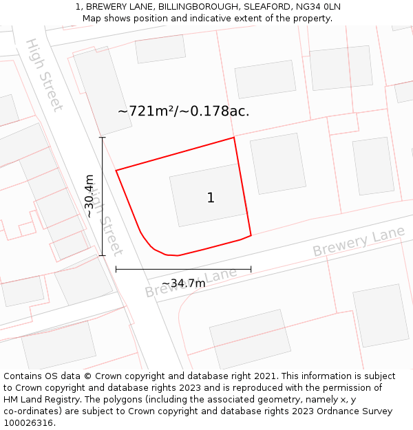 1, BREWERY LANE, BILLINGBOROUGH, SLEAFORD, NG34 0LN: Plot and title map