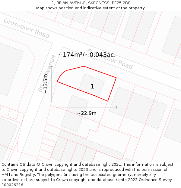 1, BRIAN AVENUE, SKEGNESS, PE25 2DF: Plot and title map