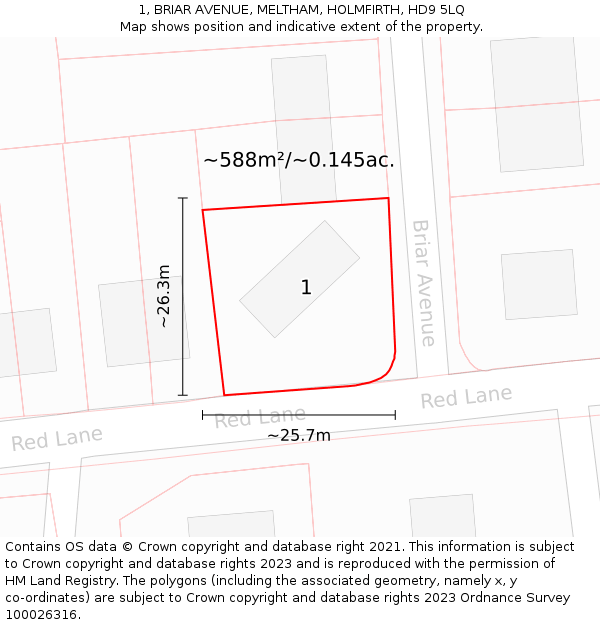 1, BRIAR AVENUE, MELTHAM, HOLMFIRTH, HD9 5LQ: Plot and title map