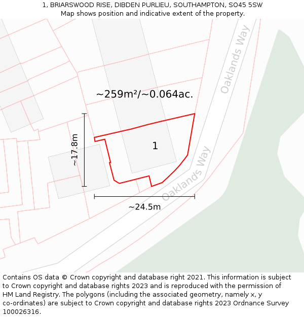 1, BRIARSWOOD RISE, DIBDEN PURLIEU, SOUTHAMPTON, SO45 5SW: Plot and title map