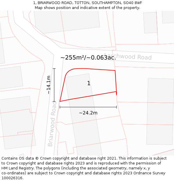 1, BRIARWOOD ROAD, TOTTON, SOUTHAMPTON, SO40 8WF: Plot and title map