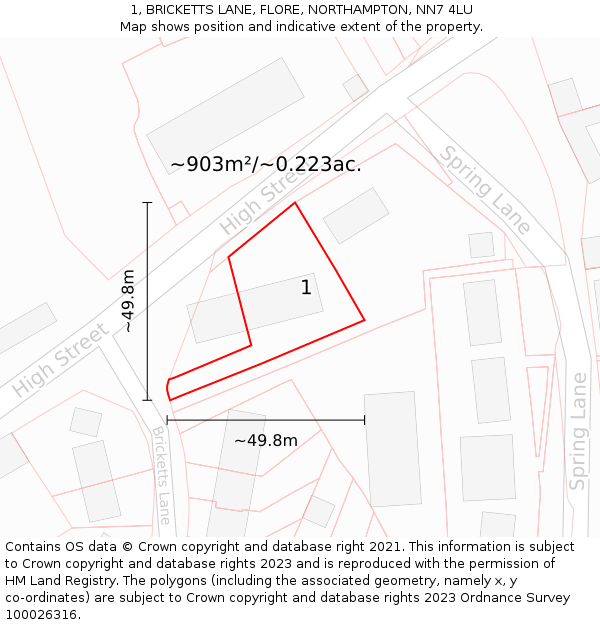 1, BRICKETTS LANE, FLORE, NORTHAMPTON, NN7 4LU: Plot and title map