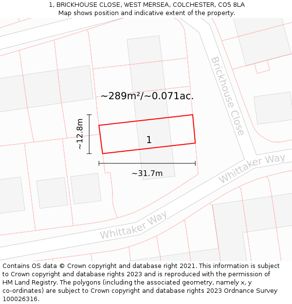 1, BRICKHOUSE CLOSE, WEST MERSEA, COLCHESTER, CO5 8LA: Plot and title map