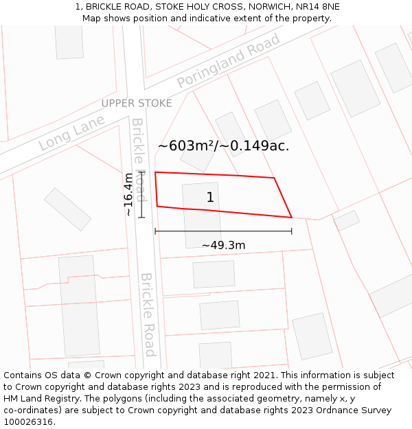 1, BRICKLE ROAD, STOKE HOLY CROSS, NORWICH, NR14 8NE: Plot and title map