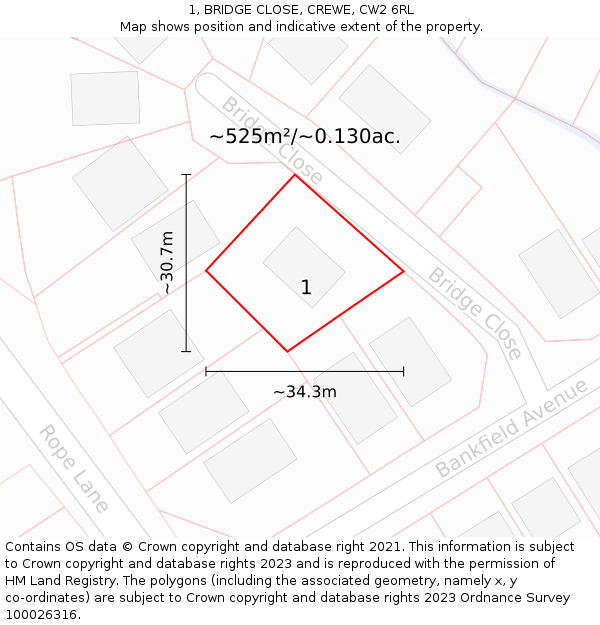 1, BRIDGE CLOSE, CREWE, CW2 6RL: Plot and title map