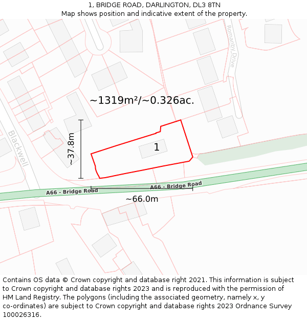 1, BRIDGE ROAD, DARLINGTON, DL3 8TN: Plot and title map