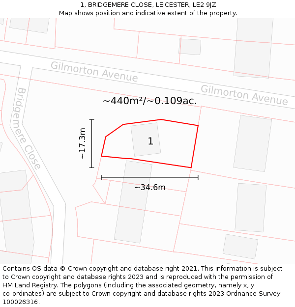 1, BRIDGEMERE CLOSE, LEICESTER, LE2 9JZ: Plot and title map