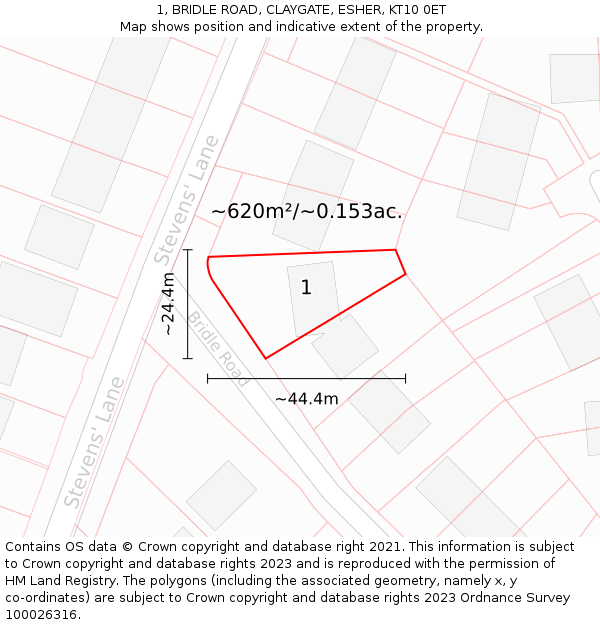 1, BRIDLE ROAD, CLAYGATE, ESHER, KT10 0ET: Plot and title map