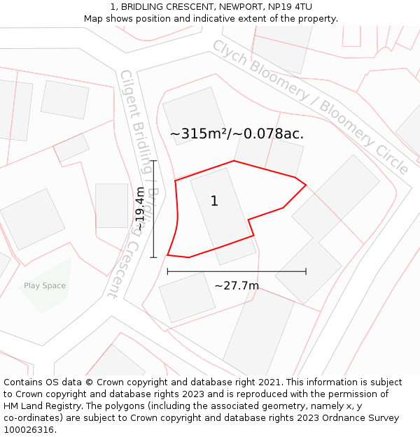 1, BRIDLING CRESCENT, NEWPORT, NP19 4TU: Plot and title map