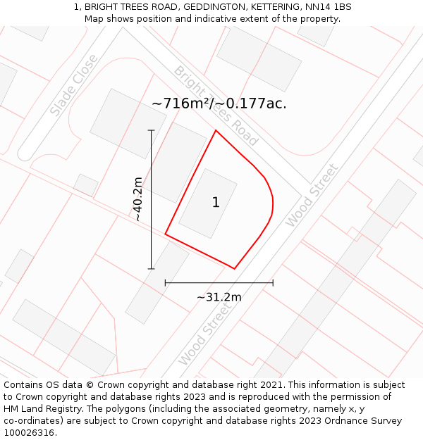 1, BRIGHT TREES ROAD, GEDDINGTON, KETTERING, NN14 1BS: Plot and title map