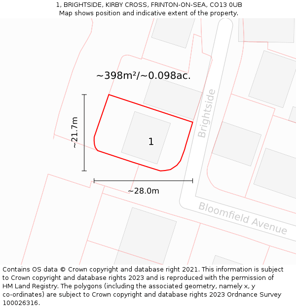 1, BRIGHTSIDE, KIRBY CROSS, FRINTON-ON-SEA, CO13 0UB: Plot and title map