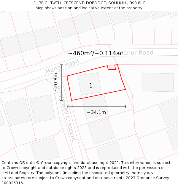 1, BRIGHTWELL CRESCENT, DORRIDGE, SOLIHULL, B93 8HF: Plot and title map