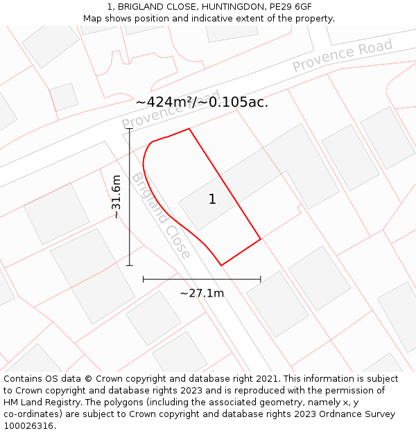 1, BRIGLAND CLOSE, HUNTINGDON, PE29 6GF: Plot and title map