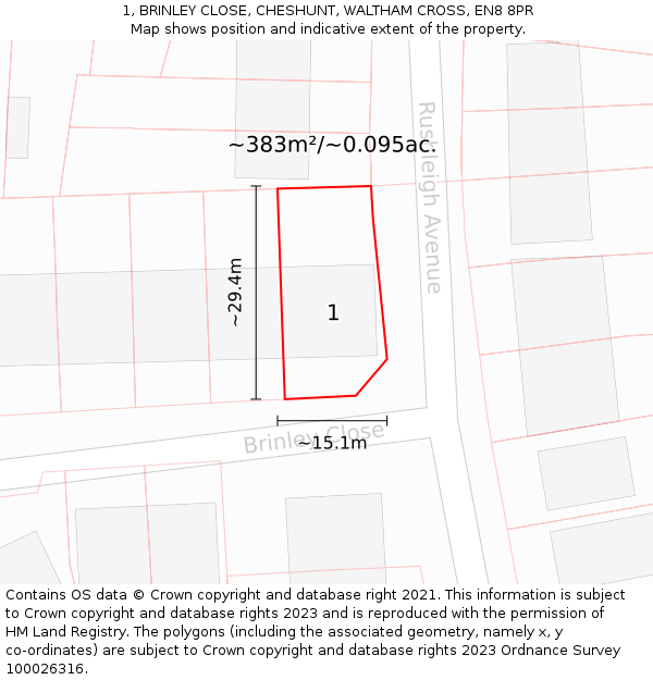 1, BRINLEY CLOSE, CHESHUNT, WALTHAM CROSS, EN8 8PR: Plot and title map