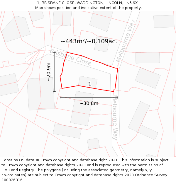 1, BRISBANE CLOSE, WADDINGTON, LINCOLN, LN5 9XL: Plot and title map