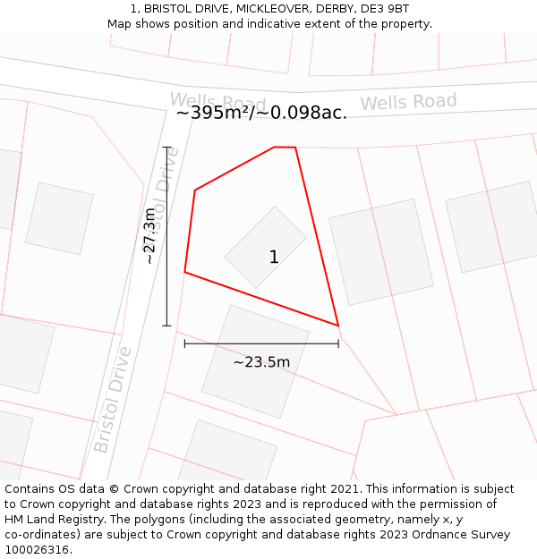 1, BRISTOL DRIVE, MICKLEOVER, DERBY, DE3 9BT: Plot and title map